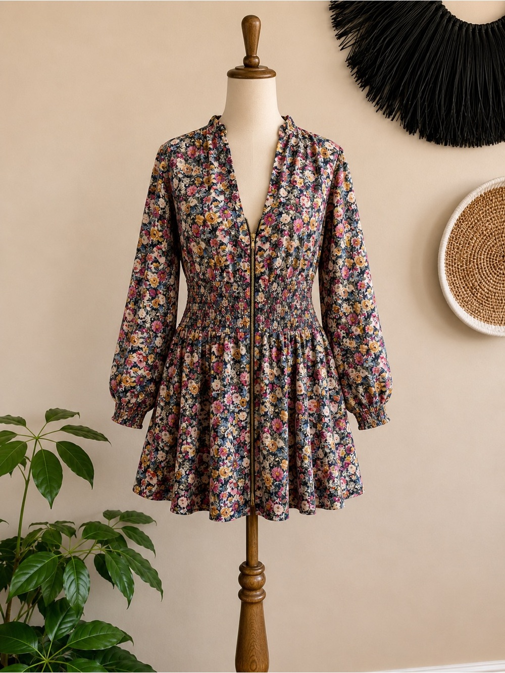 ✨ Anthropologie ✨ Floral Long-Sleeve Smocked Mini Dress — Navy Multi